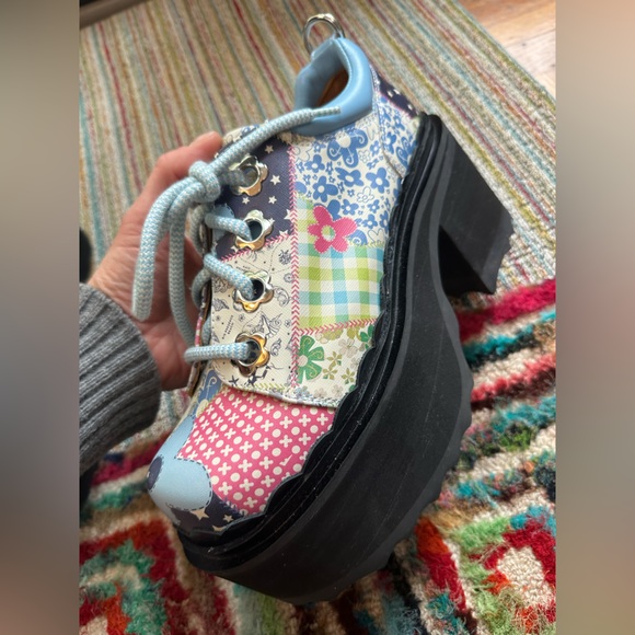 Fluevog NEW WO BOX Skyhigh F Fizzy blue/flowery leather platform lace-up shoe 10 - Picture 14 of 16